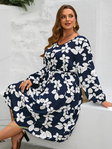 Vestido informal de talla grande para mujer, vestido Midi de vacaciones con estampado Floral de manga larga elegante a la moda, vestido holgado de talla grande con cinturón - Product Image 6