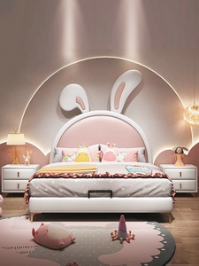 Ensemble de meubles de chambre d'enfant au design moderne avec oreilles de lapin rose de dessin animé - <span class=keywords><strong>Lit</strong></span> princesse en forme de lapin - <span class=keywords><strong>Lit</strong></span> moelleux pour filles - Product Image 1