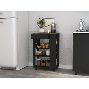 Chariot de cuisine noir en wengue à 5 étagères et 1 tiroir avec plateau en chêne clair, design moderne pour le rangement de la cuisine - Product Image 2