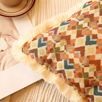 Housse de coussin jacquard tissée épaisse, écologique, motif carré Granny européen, patchwork, avec franges, pour hôtel, villa, OEM/ODM