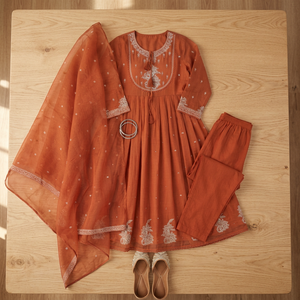 Elegant Rust Orange Embroidered Anarkali <b>Suit</b> Set for <b>Women</b> 3 Piece Gown with Dupatta Festive <b>Wedding</b> Party Wear - Product Image 6