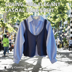 Camisa de Manga Larga a Rayas Azules para Mujer con Chaleco de Punto Azul Marino, Blusa Casual Holgada con Mangas Abullonadas para Todas las Temporadas - Product Image 2