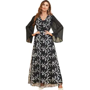 Islamic Party Abaya Moroccan Katan Robe Women Luxury Middle East Muslim Dress Long Sleeved Chiffon Black Print Dress