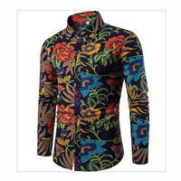 Chemise décontractée pour homme de style ethnique à manches longues, imprimée et patchwork, grande taille, boutonnée, en jersey