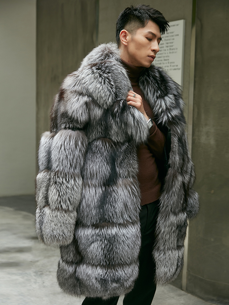 Men's 7XL Warm & Windproof Silver Fox Fur Coat - Luxury Plus Size
