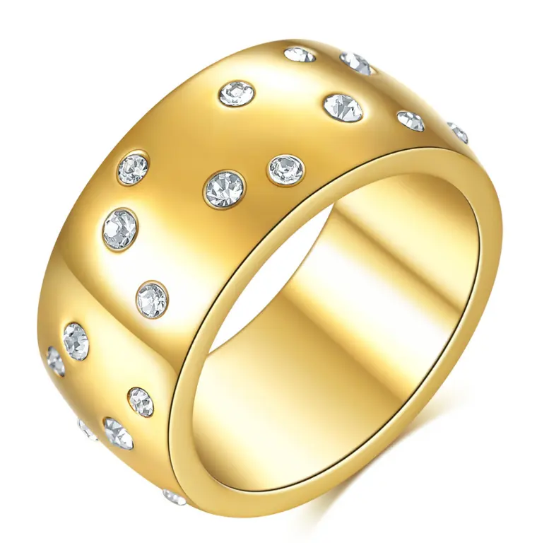 Hoge Kwaliteit Luxe 18K Gold Plating Titanium Staal Ingelegde Diamant Band Ringen 316l Roestvrij Staal Kubische Zirkoon Verlovingsringen