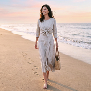 Vintage Organic Cotton <b>Two</b> <b>Piece</b> Look Dress Attached Tie Front High Waist A-Line Bell Sleeve Summer Dress Pockets Women - Product Image 3