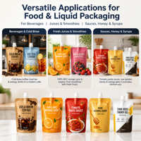 Emballage personnalisé en pochette souple avec bec verseur, sachet Doypack autoportant pour liquides alimentaires, avec bouchon verseur pour sauces, condiments, boissons, miel