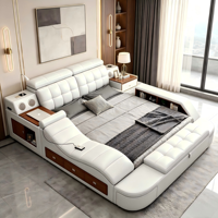 Cadre de lit intelligent en cuir avec haut-parleurs intégrés, taille King/Queen, rangement, massage, inclinable, LED, moderne, luxe, bois massif, lit double