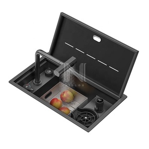 Évier de cuisine encastré simple fait main DN 21.7x13" avec robinet, en acier inoxydable 304, noir nano moderne, quatre trous, pour camping-car, bar, <span class=keywords><strong>coin</strong></span> café - Product Image 1