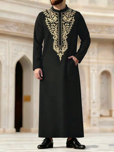 CCY 2026 Qamis <span class=keywords><strong>noir</strong></span> pour hommes arabes saoudiens, à manches longues et col montant, style Kaftan, Jubba islamique, Thobe musulman, Abaya brodée - Product Image 3
