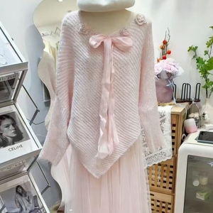 Women's Bow Tie 3D Floral Knit Sweater Loose-fit <b>Sequin</b> Knit <b>Top</b> Fashion - Product Image 4