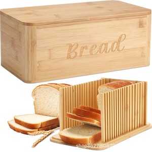 Caja de pan de bambú con rebanador, contenedor de almacenamiento con tapa abatible de madera maciza para uso doméstico en la cocina - Product Image 1