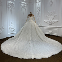 Gaun Pengantin Wanita LSCJ07 Model Ball Gown Modern dengan Kerah Tinggi, Punggung Terbuka, Aksen Glitter, Renda, Kristal, dan Bunga, Lengan Panjang