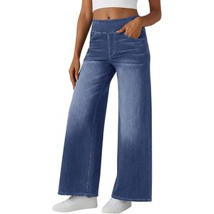 Fisoew Womens Baggy Wide Leg Jeans High Waisted <b>Pull</b> On Straight Leg Stretchy Denim Pants Boyfriend Style - Product Image 1