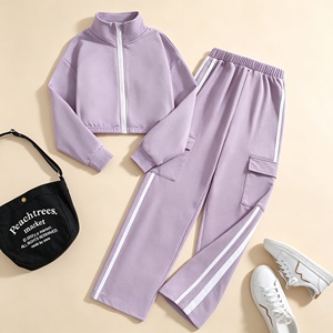 Set 2 Pezzi Personalizzato Biologico OEM per Bambine, Giacca a Righe con Zip e Maniche Lunghe & Pantaloni a Gamba Larga, Abbigliamento Casual per Bambini 3-12 Anni - Product Image 3