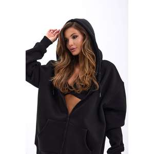 Sweat-shirt à capuche noir surdimensionné en tricot respirant pour femme, style non doublé 7220 - Product Image 2