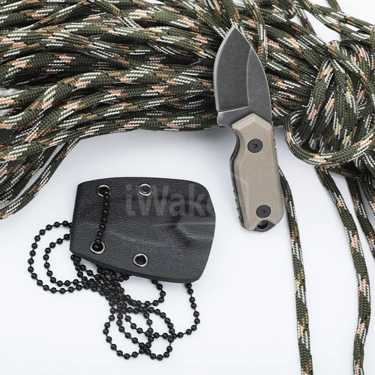 Coltello tascabile da esterno con piccolo manico marrone G10 di sopravvivenza Mini collana con guaina kydex