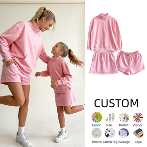 Completo Personalizzato Mamma <span class=keywords><strong>e</strong></span> Figlia in <span class=keywords><strong>Felpa</strong></span> Francese Tinta Unita con <span class=keywords><strong>Felpa</strong></span> <span class=keywords><strong>a</strong></span> Maniche Lunghe <span class=keywords><strong>e</strong></span> Pantaloncini Larghi - Product Image 1