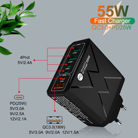 Adaptateur mural de voyage tendance 2026 55W à 6 ports USB-A + USB-C PD3.0 QC3.0 avec protection OTP OVP, chargeur rapide pour écouteurs