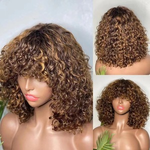 Parrucca Bob Corta Ricci Crespi Marrone Biondo con Frangia in Capelli Veri Remy Trasparente Senza Pizzo, Piccola/Grande, Fornitore all'Ingrosso di Tendenza - Product Image 2