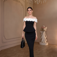 Robe Midi Élégante Noire Vintage pour Femme avec Appliques Florales 3D, Taille Peplum, Coupe Crayon, Idéale pour Soirées Formelles et Banquets Printemps-Automne