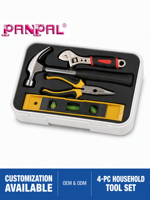Kit d'outils ménagers 4-en-1, Trousse de réparation domestique avec clé à molette réglable, marteau à griffes, pince à bec long et niveau à bulle, portable pour le bricolage