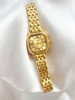 Jam Tangan Wanita Bentuk Oktagonal Artistik Motif Bunga dengan Tali Baja Tahan Karat, Ukuran Kecil Warna Emas, Cocok untuk Wanita