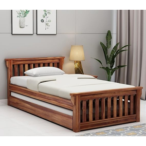 Modern Solid Teak <b>Wood</b> Single <b>Platform</b> <b>Bed</b> with Pull Out Trundle Natural Honey Finish in bulk price - Product Image 2