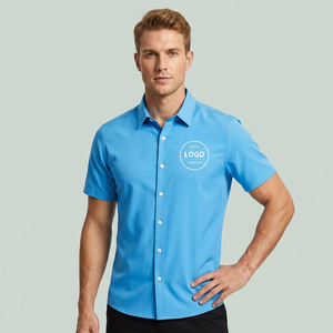 เสื้อเชิ้ตแขนสั้นสีน้ำเงินล้วนสำหรับผู้ชาย ปกคอปก ระบายอากาศได้ดี สไตล์ลำลองสำหรับฤดูร้อน พิมพ์โลโก้ได้ตามต้องการ - Product Image 3