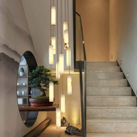 Grand Lustre LED Moderne de Luxe Sur Mesure en Cuivre et Albâtre pour Villa, Hôtel, Duplex, Salon Vide et Escalier