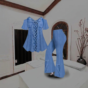 Conjunto de 2 Piezas Personalizable para Mujer Talla Grande, Estilo Casual, Cuello en V, Aspecto Vaquero, Top Halter de Manga Corta, Pantalones Largos, Color Sólido, Otoño, Secado Rápido - Product Image 3
