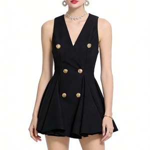 เดรสสั้นแขนกุดติดกระดุมสองแถวสำหรับผู้หญิง - ชุดเดรสออกงานคาดเข็มขัดกระดุมสีทองแฟชั่น - Product Image 3