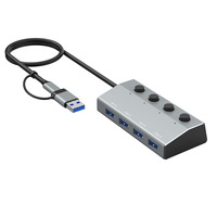 Hub USB 3.0 avec interrupteurs marche/arrêt individuels, alliage d'aluminium, 5 Gbps, séparateur USB haute vitesse, multi-ports pour ordinateur portable, PC de bureau