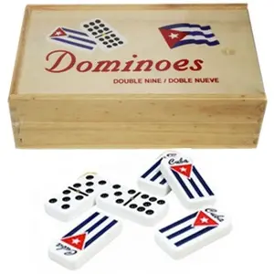 Double Nine Dominoes with Flag Cuban and Case Wood