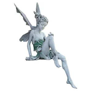 De gros anges statue décors cour-Statuette de voiture en résine pour aménagement paysager paysager, décor de bureau, ailes florales, elfe, fée, assis, Statue décorative