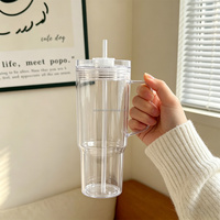 Gobelet réutilisable en plastique à double paroi sans BPA avec paille et poignée, idéal pour les boissons froides, anti-fuite, pour l'été