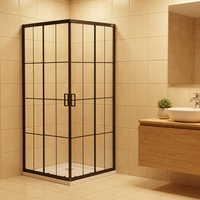 Porte de douche coulissante carrée Hotaqi avec verre trempé, finition noir mat avec cadre, fermeture douce, pierre artificielle pour salle de bain
