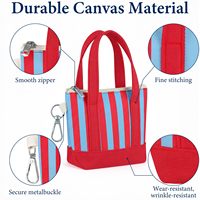 Sac fourre-tout mini en toile à rayures verticales personnalisé, avec porte-clés, porte-monnaie et pochette de rangement zippée, doté d'un clip métallique détachable – Vente en gros