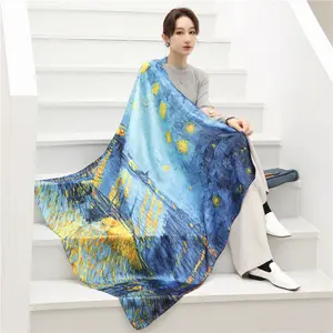 シンプルなファッションヴァンゴッホアート油絵美しいサテン110cm大きな正方形のスカーフ女性用エアコンショール