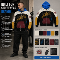 Sweat à capuche zippé streetwear personnalisé bleu, motif color block, effet éclaboussures de peinture graffiti, coupe ample et oversize, fournisseur en gros pour marques