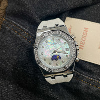 Montre mécanique pour femme Nasir, cadran rond de 40,5 mm, argentée, étanche, avec lunette sertie de diamants et affichage des phases lunaires