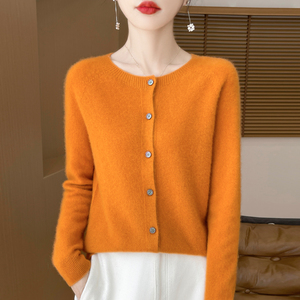 2025 Spring Autumn Collection 100% Pure Wool Women's Neck Cardigan Minimalist Office Wear Coat New Gray Knit <strong>Top</strong> for <strong>Winter</strong> - Product Image 1
