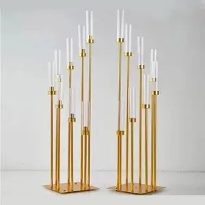 Copo de vidro para casamento, candelabros de metal antigo dourado com 8 braços e 10 braços, cilindro acrílico, suporte para velas