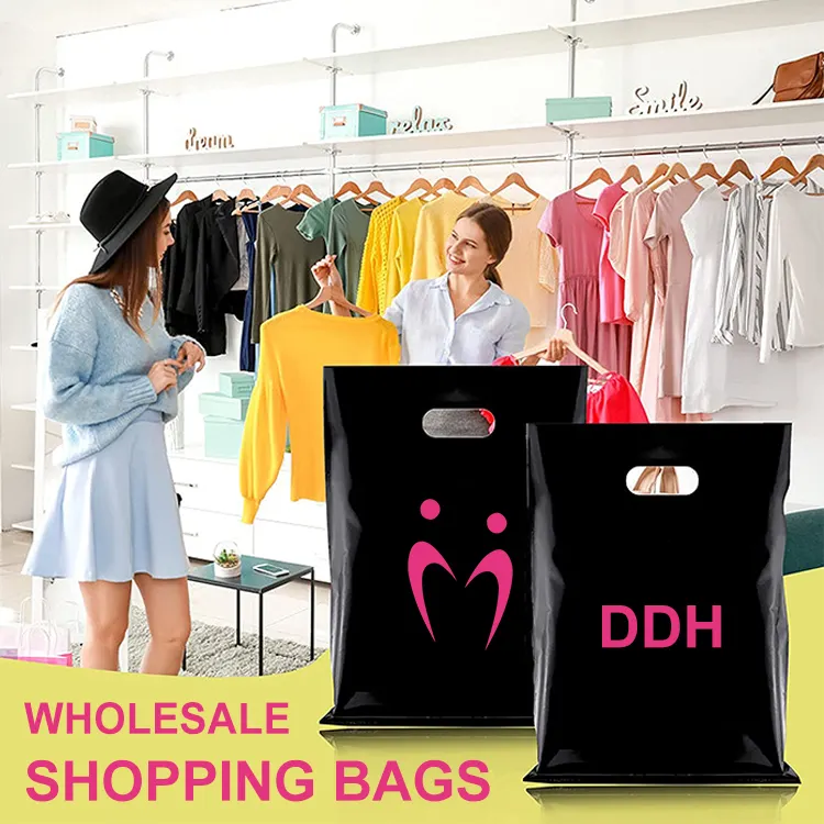 Logo personnalisé rose boutique boutique cadeaux Die Cut poignée sac, tailles de bas réutilisable sac de transport pliable en plastique sac à provisions *