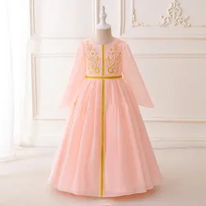 Long Sleeves Pink Muslim Embroidery Flower Girl Dress Fashion Islamic Clothes Kids Birthday Wedding Ball Gown