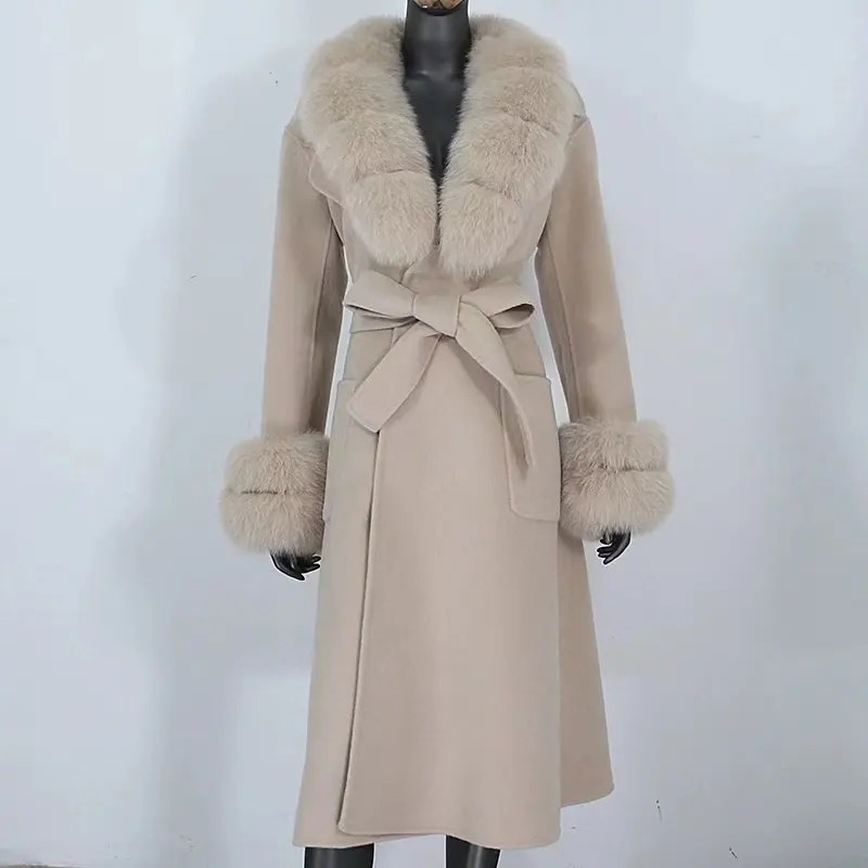 2022 winter women long 100% cashmere jacket with fur collar cuffs detachable wool coat