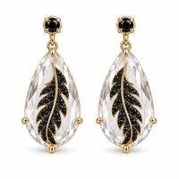 Boucles d'oreilles pendantes personnalisées en cuivre plaqué or avec plumes noires en CZ et cristaux en forme de goutte, pour marques de bijoux OEM