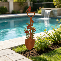 Nouveau piquet de jardin artistique en métal rouillé en forme de pelle avec fleur épanouie pour l'extérieur