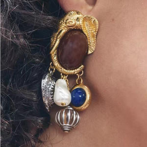 ต่างหูจี้รูปช้างทำจากโลหะผสมรูปสัตว์พลอยมุกวินเทจสำหรับผู้หญิง - Product Image 2